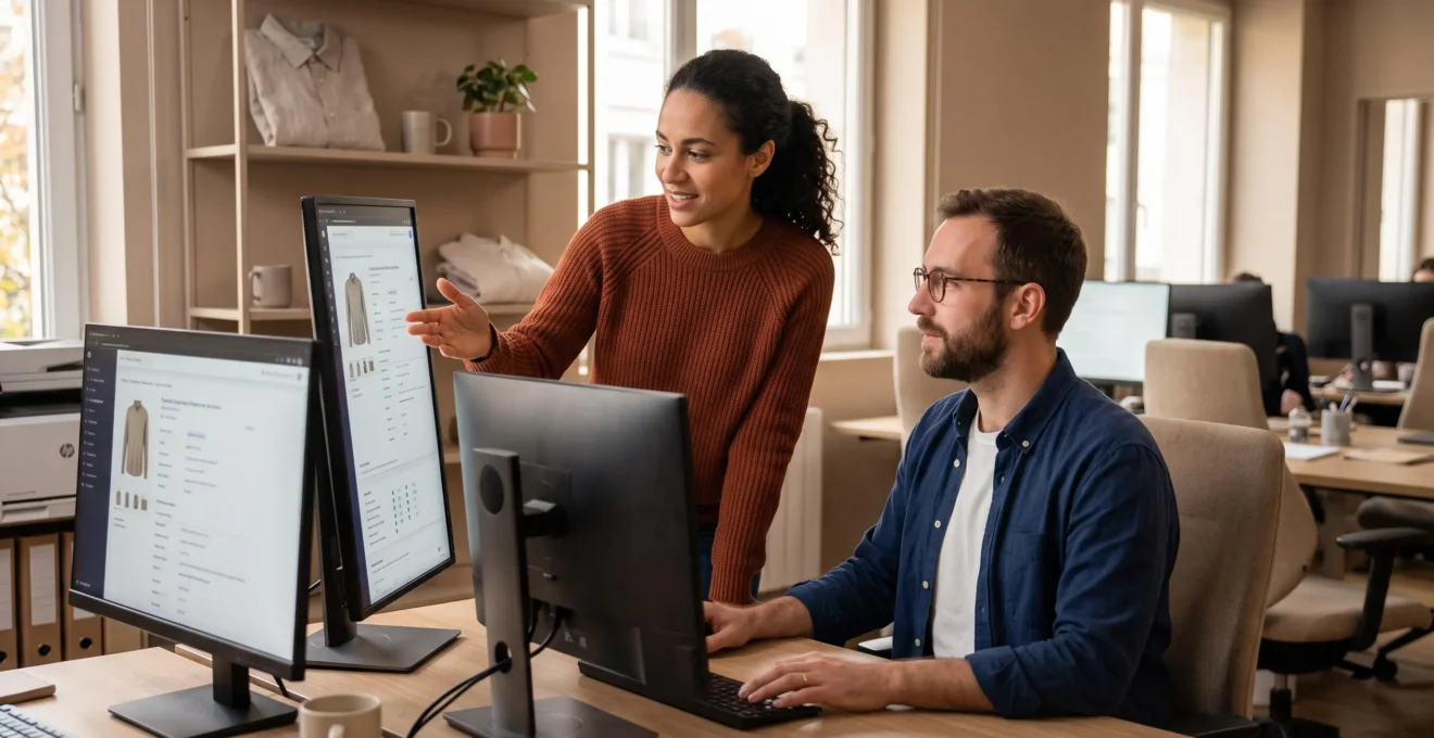 Deux professionnels e-commerce utilisant avec aisance les données produit enrichies dans leur espace de travail quotidien