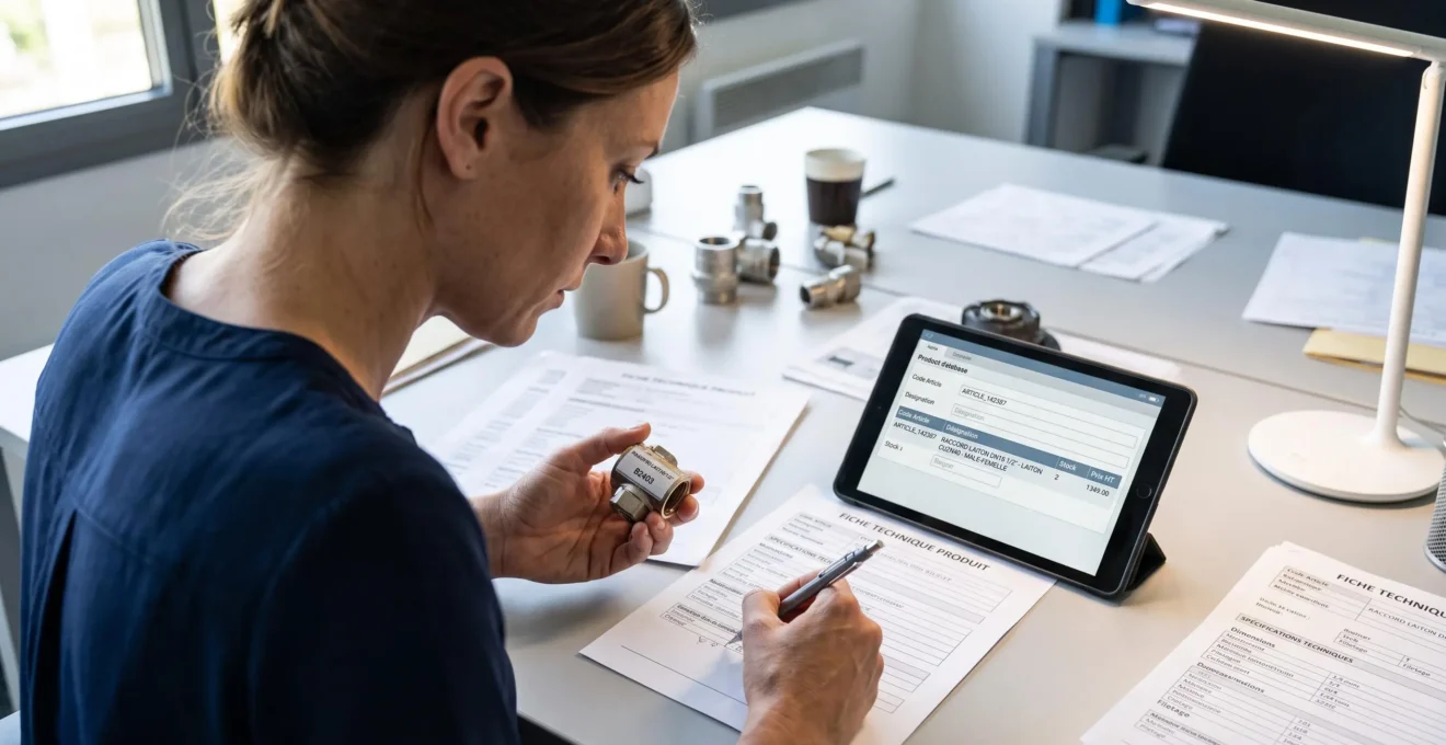 Data manager vérifiant méticuleusement les informations produit en comparant échantillon physique, fiche technique et données sur tablette