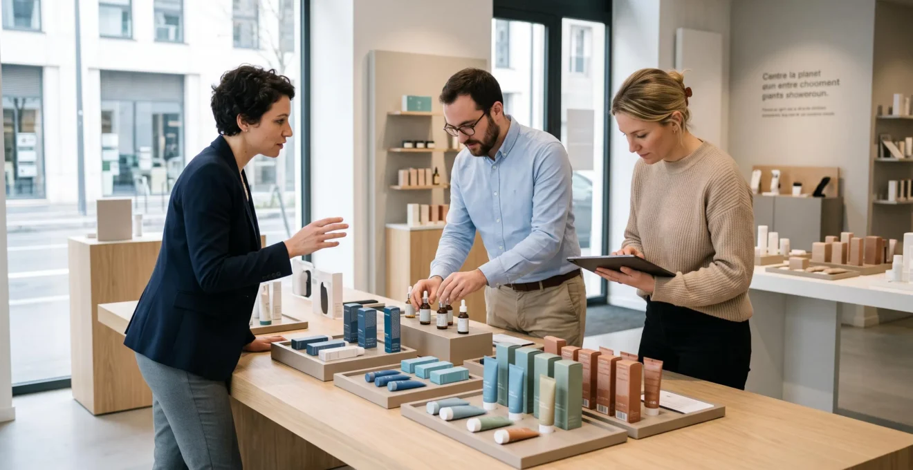 Équipe de merchandising travaillant sur l'organisation d'une gamme de produits dans un showroom professionnel moderne