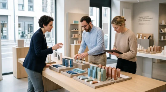 Équipe de merchandising travaillant sur l'organisation d'une gamme de produits dans un showroom professionnel moderne