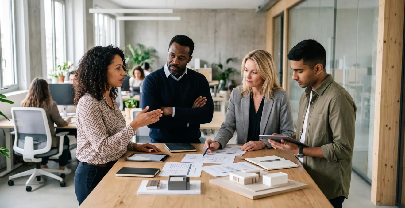 Équipe projet pluridisciplinaire debout en discussion active autour d'une table haute dans un bureau moderne