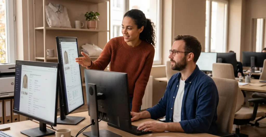 Deux professionnels e-commerce utilisant avec aisance les données produit enrichies dans leur espace de travail quotidien Deux professionnels e-commerce utilisant avec aisance les données produit enrichies dans leur espace de travail quotidien