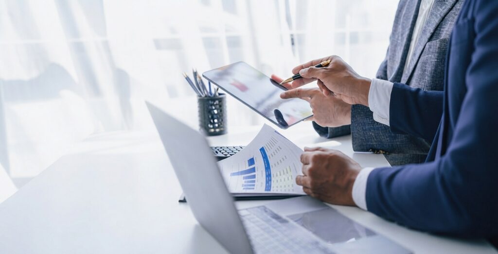 Data manager vérifiant méticuleusement les informations produit en comparant échantillon physique, fiche technique et données sur tablette Data manager vérifiant méticuleusement les informations produit en comparant échantillon physique, fiche technique et données sur tablette